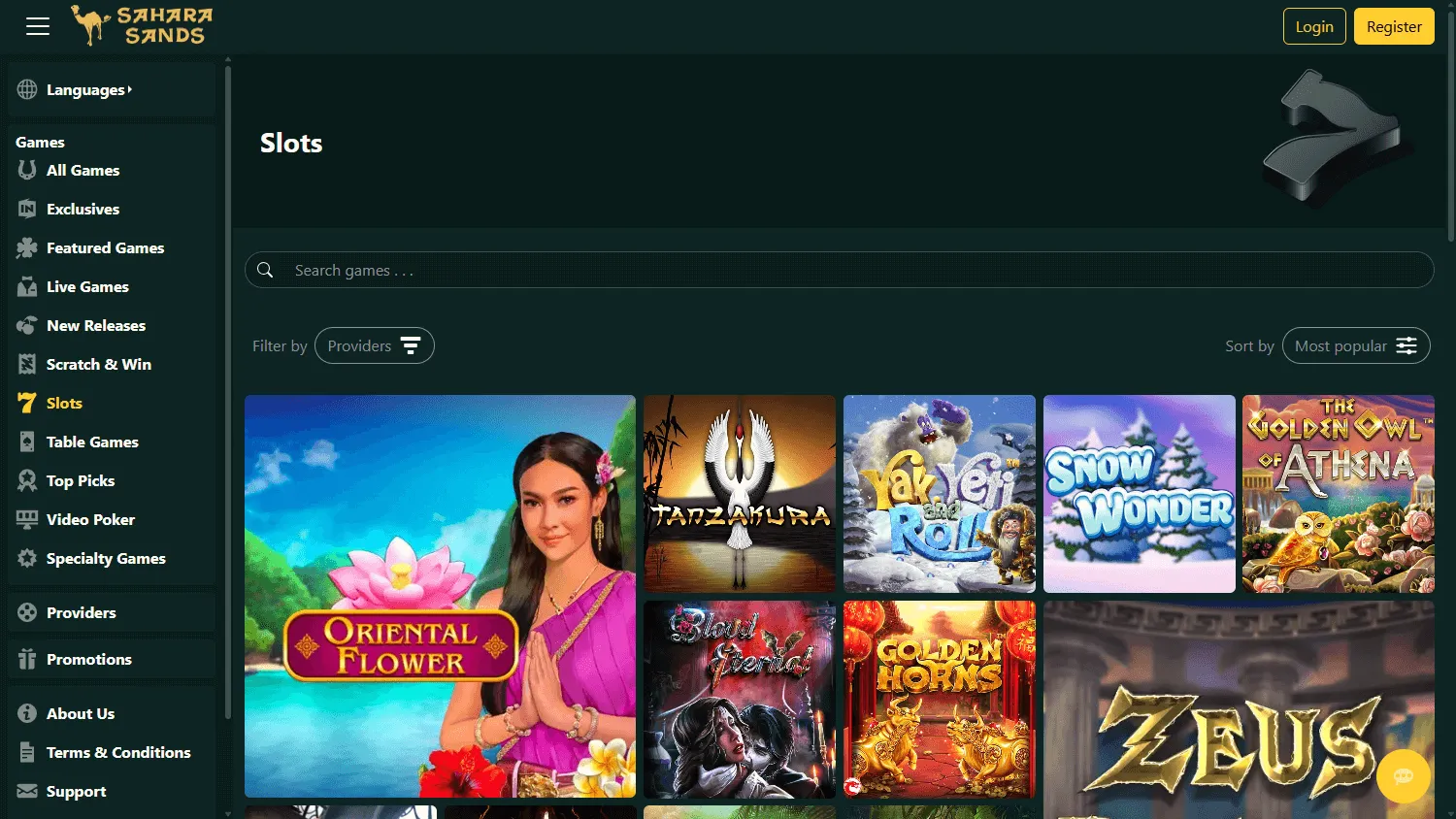 Sahara Sands Casino desktop games area with casino categories