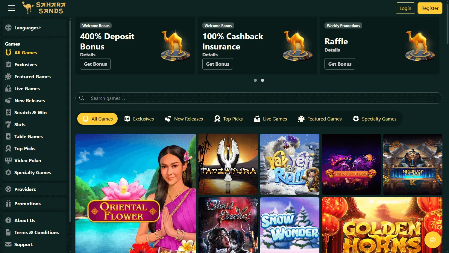 Sahara Sands Casino desktop home screen with casino offers and play options