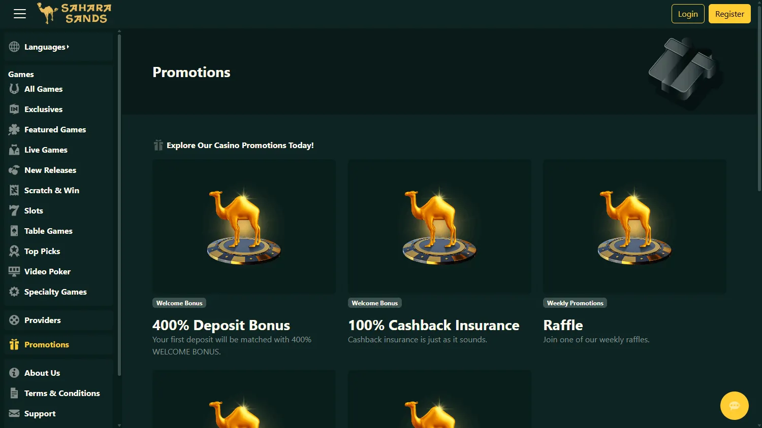 Sahara Sands Casino desktop promotions area with bonus offers