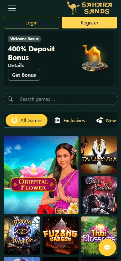 Sahara Sands Casino mobile home screen with casino offers and play options